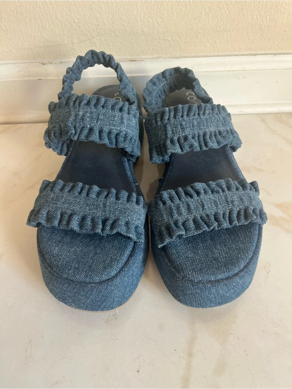 Still in Box: Coconuts by Matisse Blue Denim Ruffle-Strap Platform Sandals 8M